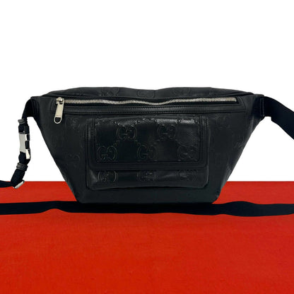 Gucci GG Pattern Embossed Perforated Leather Belt Bag Waist Pouch Black