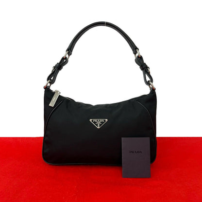 Prada Triangle Logo Tessuto Nylon Saffiano Leather Mini Shoulder Bag Black