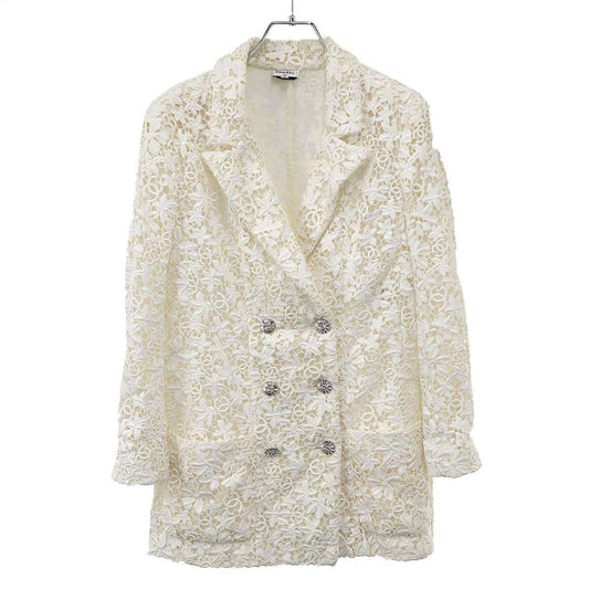 Chanel CC Logo Button All Lace Double Breasted Jacket White 36