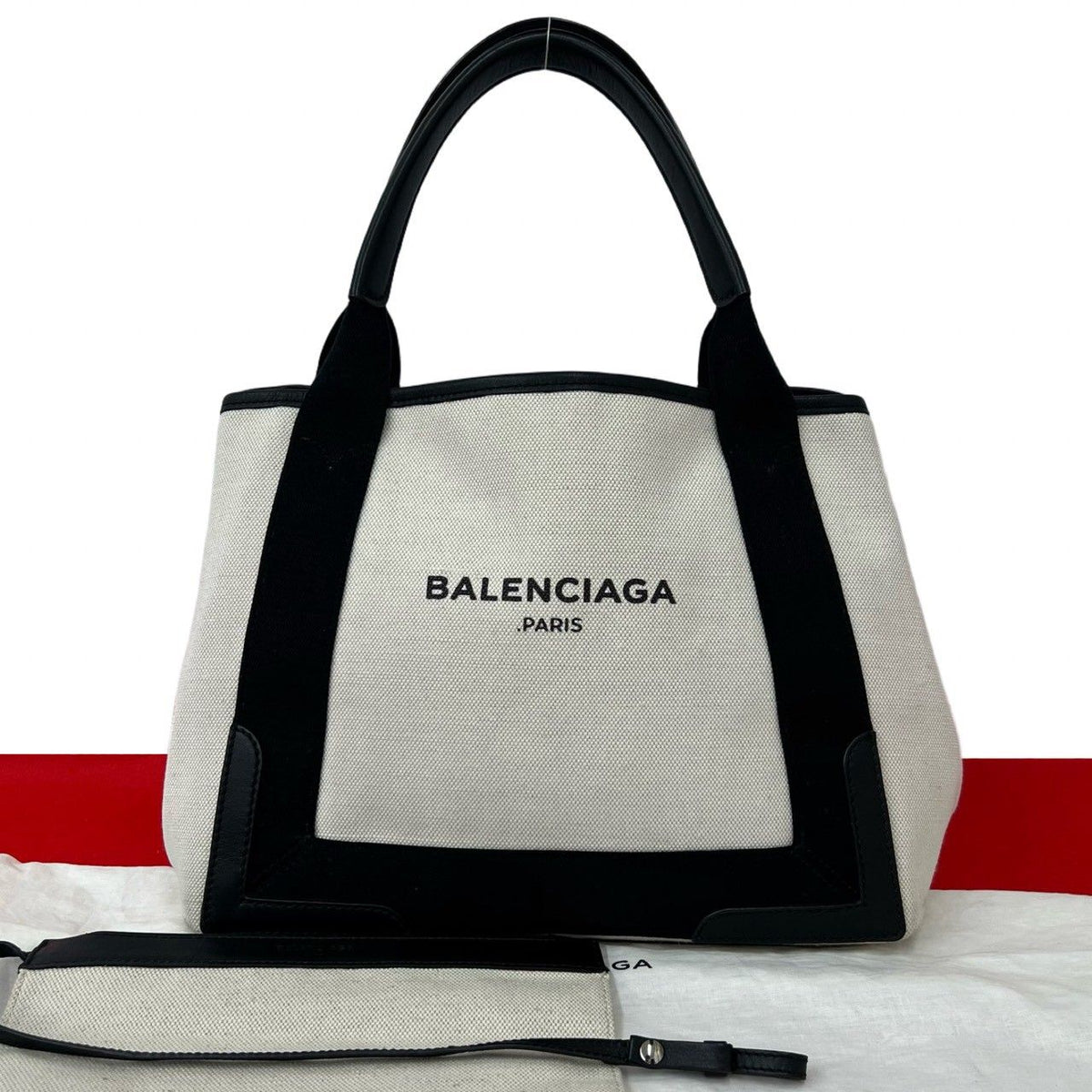 Balenciaga Navy Cabas Canvas Leather Handbag Mini Tote Black Ivory