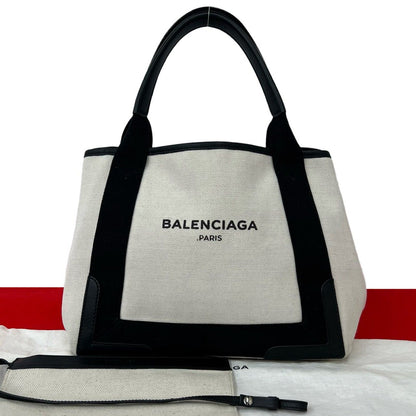 Balenciaga Navy Cabas Canvas Leather Handbag Mini Tote Black Ivory