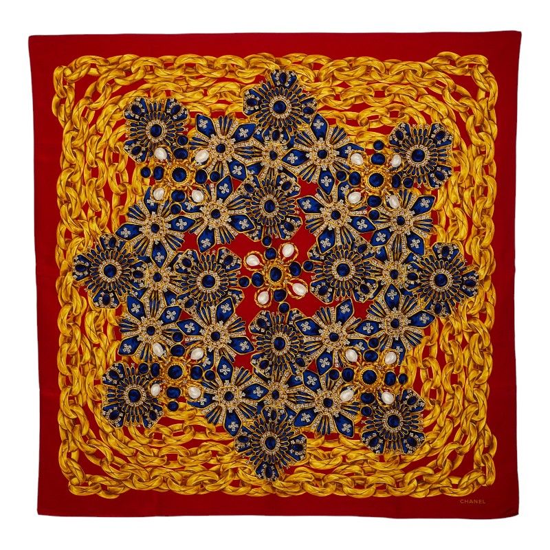 Chanel Logo Print Scarf Red Multicolor Silk