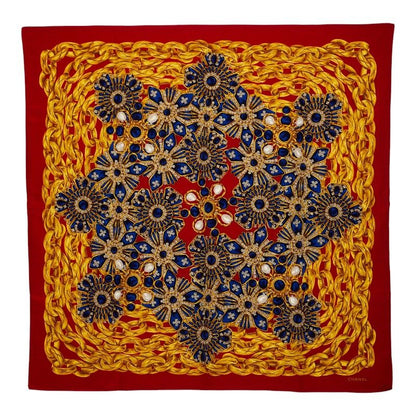Chanel Logo Print Scarf Red Multicolor Silk