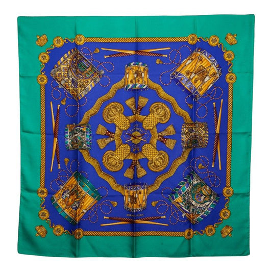 Hermes Carre 90 les Tambours Drum Scarf Green Blue Multicolor Silk