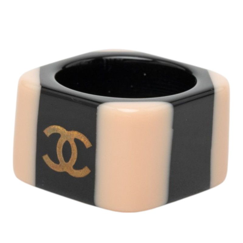 Chanel CC Logo Ring Black Beige Plastic — view 2