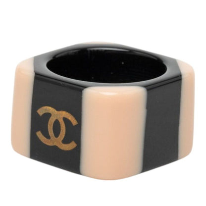 Chanel CC Logo Ring Black Beige Plastic — view 2