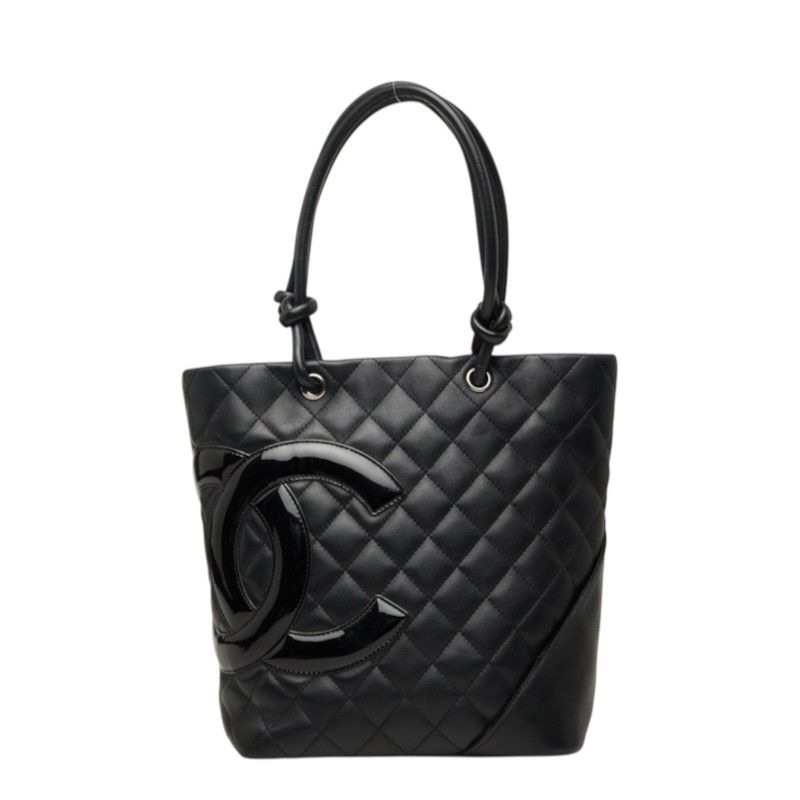 Chanel Cambon Line Quilted CC Logo Tote Bag Black Patent Calf Leather