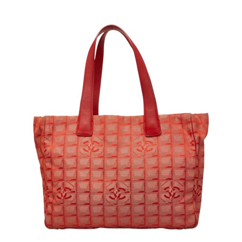 Chanel CC Logo New Travel Line MM Tote Shoulder Bag Red Nylon Leather