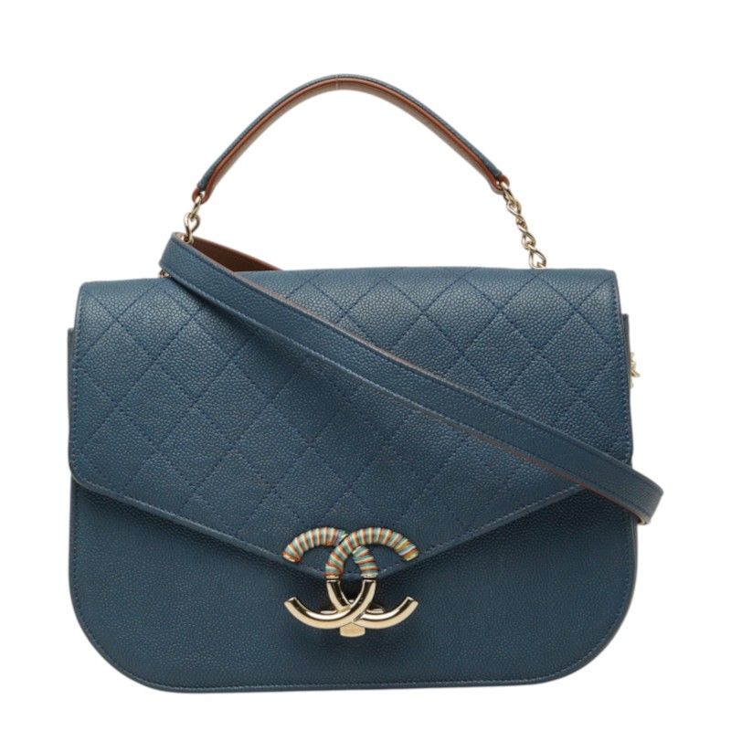 Chanel Quilted Half Coco 2-Way Shoulder Bag Blue Caviar Leather