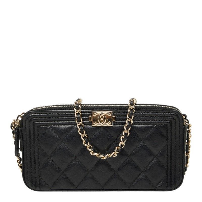 Chanel Quilted CC Logo Boy Chain Pochette Shoulder Bag Black Gold Lambskin