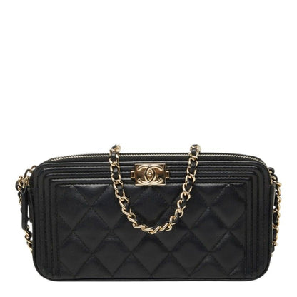 Chanel Quilted CC Logo Boy Chain Pochette Shoulder Bag Black Gold Lambskin