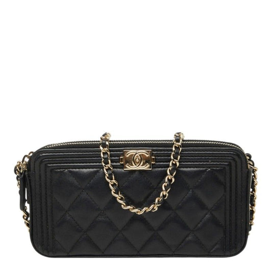 Chanel Quilted CC Logo Boy Chain Pochette Shoulder Bag Black Gold Lambskin