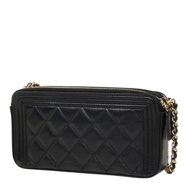 Chanel Quilted CC Logo Boy Chain Pochette Shoulder Bag Black Gold Lambskin — view 2