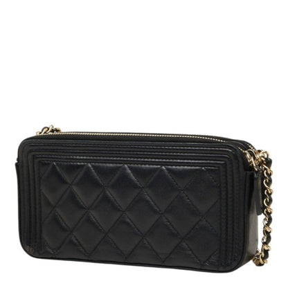 Chanel Quilted CC Logo Boy Chain Pochette Shoulder Bag Black Gold Lambskin — view 2