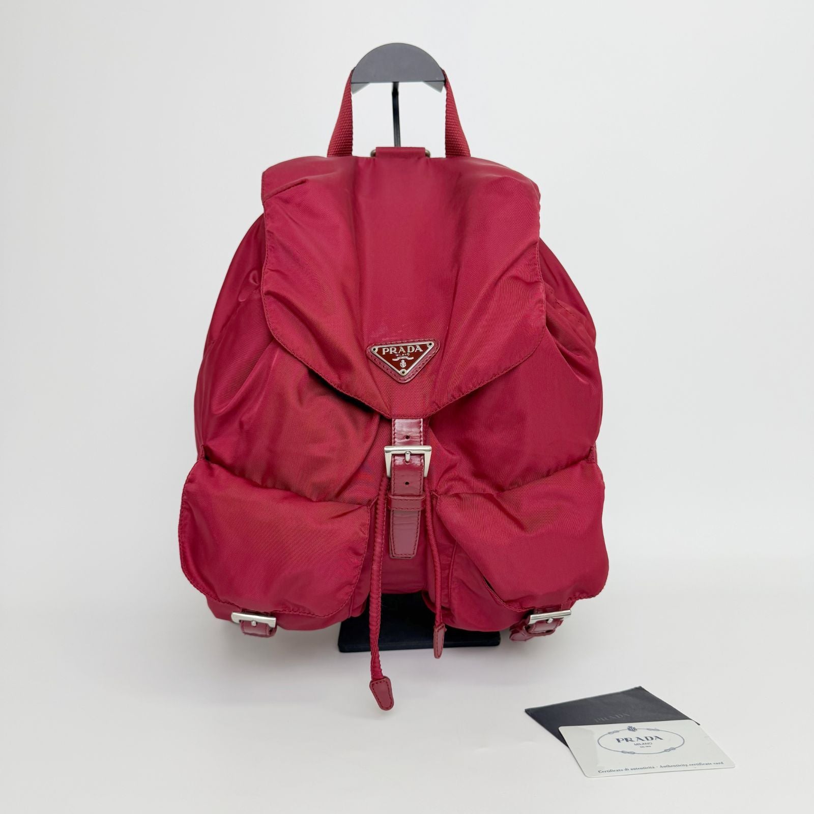Prada Vela Tessuto Nylon Double Pocket Backpack Red Silver Vintage