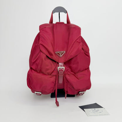 Prada Vela Tessuto Nylon Double Pocket Backpack Red Silver Vintage