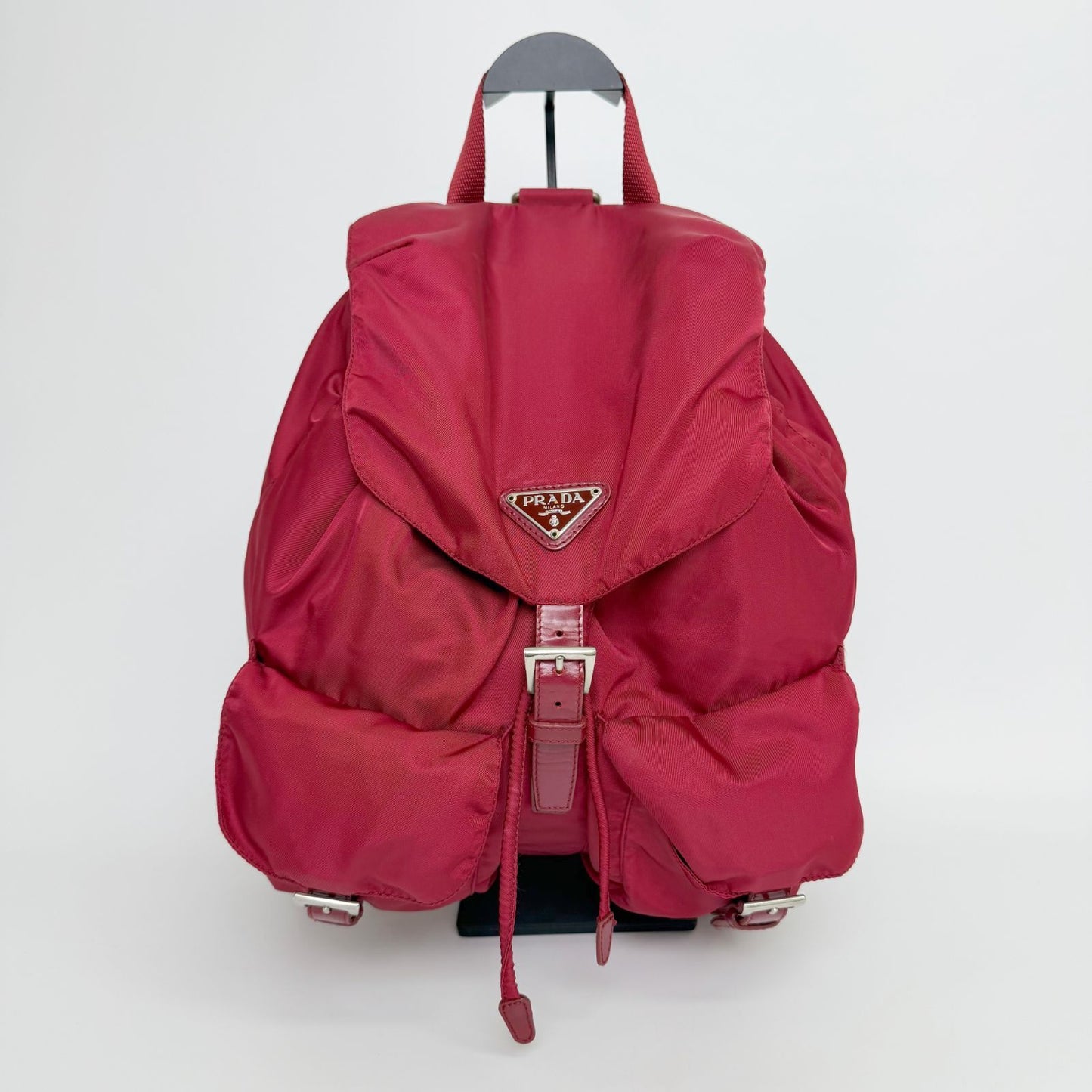 Prada Vela Tessuto Nylon Double Pocket Backpack Red Silver Vintage — view 3
