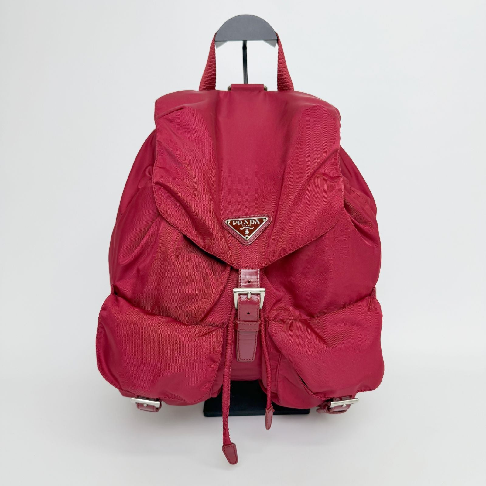 Prada Vela Tessuto Nylon Double Pocket Backpack Red Silver Vintage — view 3