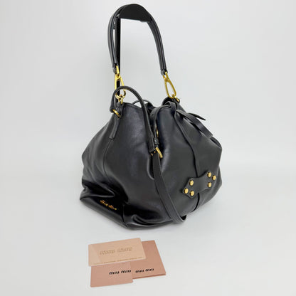 Miu Miu Vitello Leather Drawstring Studs Red Lining 2-Way Shoulder Bag Black