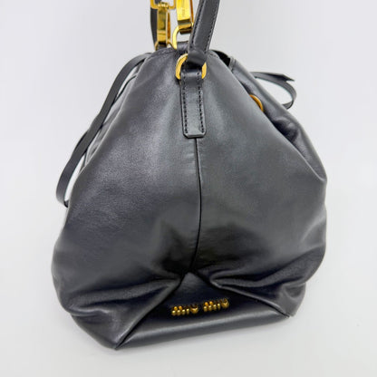 Miu Miu Vitello Leather Drawstring Studs Red Lining 2-Way Shoulder Bag Black — view 7