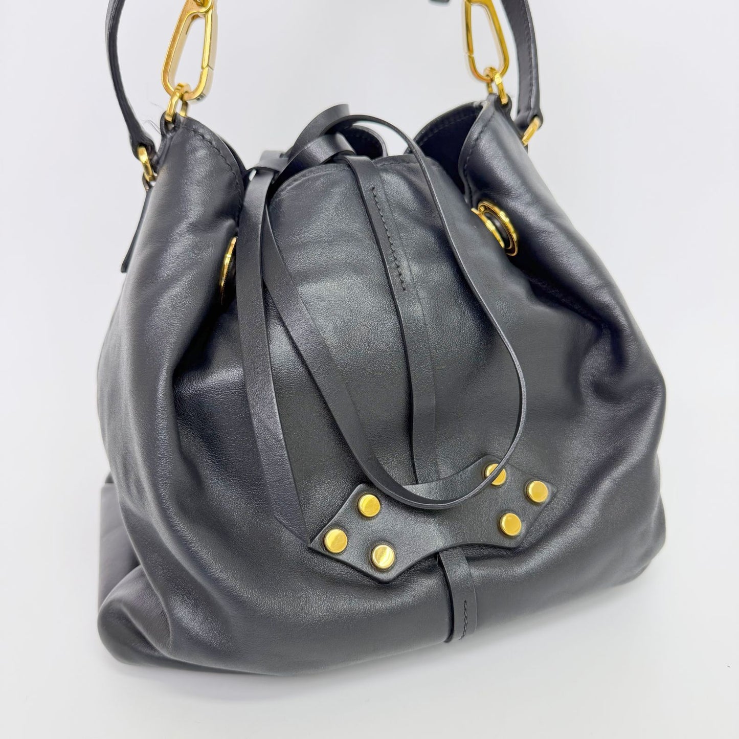 Miu Miu Vitello Leather Drawstring Studs Red Lining 2-Way Shoulder Bag Black — view 5