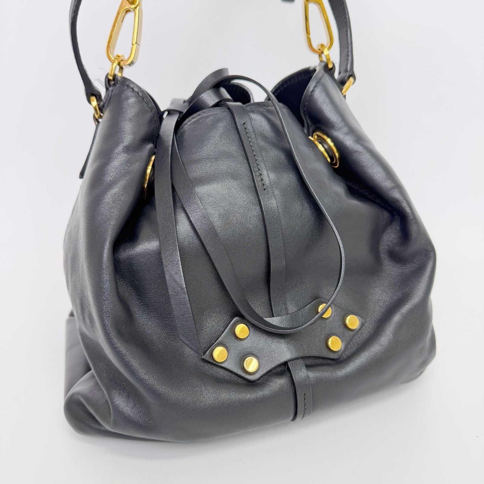 Miu Miu Vitello Leather Drawstring Studs Red Lining 2-Way Shoulder Bag Black — view 5