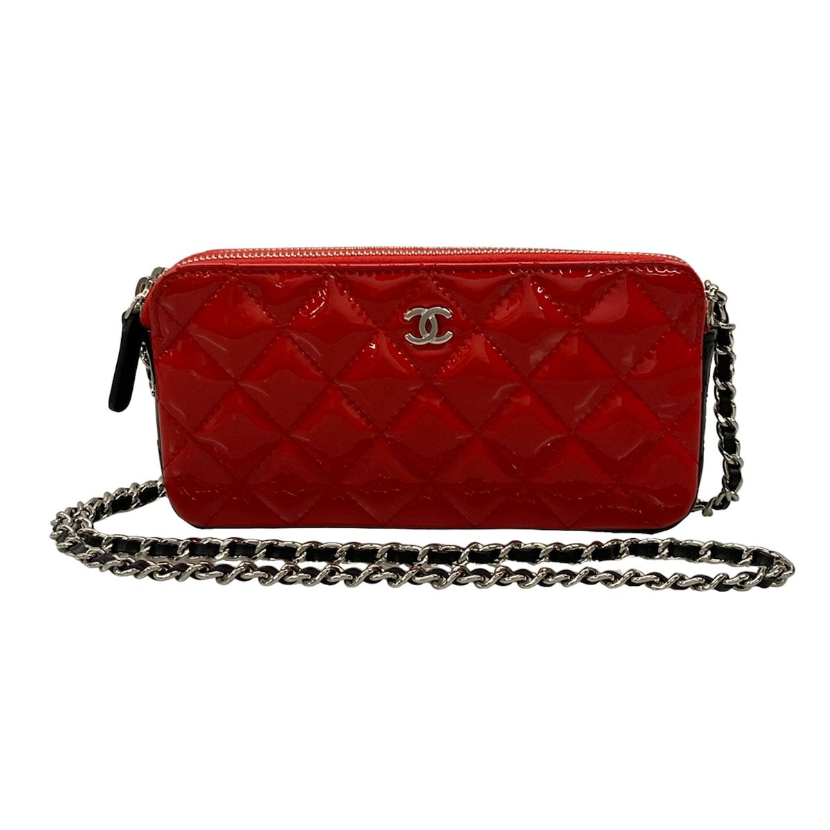 Chanel Wallet Quilted Red Black Chain Silver Leather Shoulder Bag