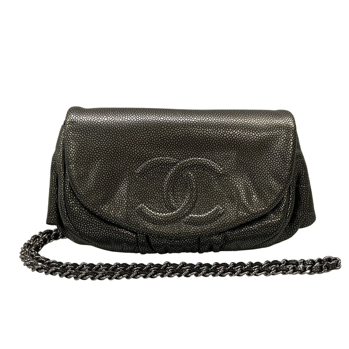 Chanel Wallet Half Moon Silver Black Chain Leather Shoulder Bag