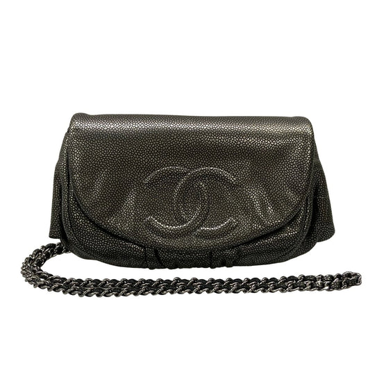 Chanel Wallet Half Moon Silver Black Chain Leather Shoulder Bag