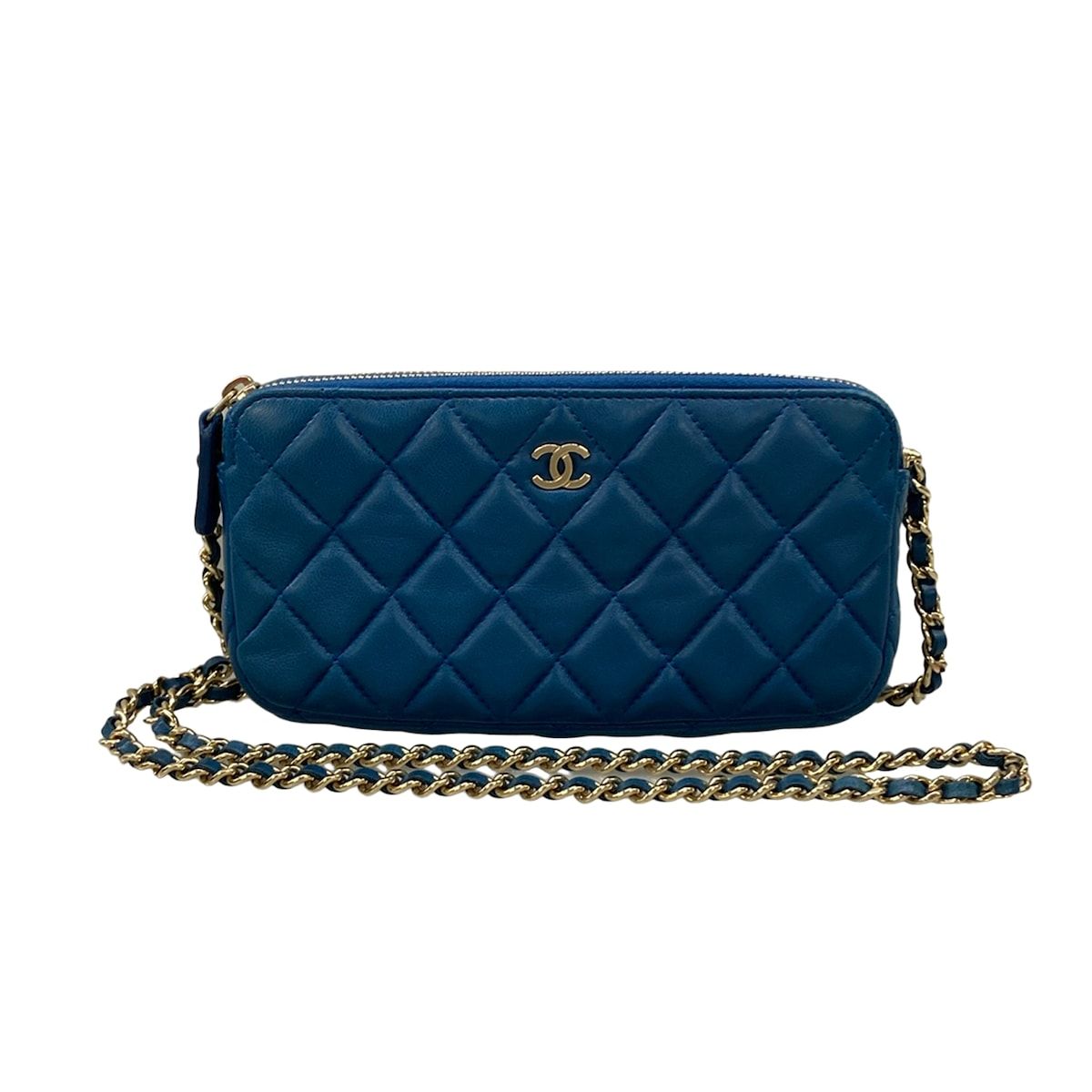 Chanel Wallet Quilted Blue Chain Gold Removable Lambskin Shoulder Bag