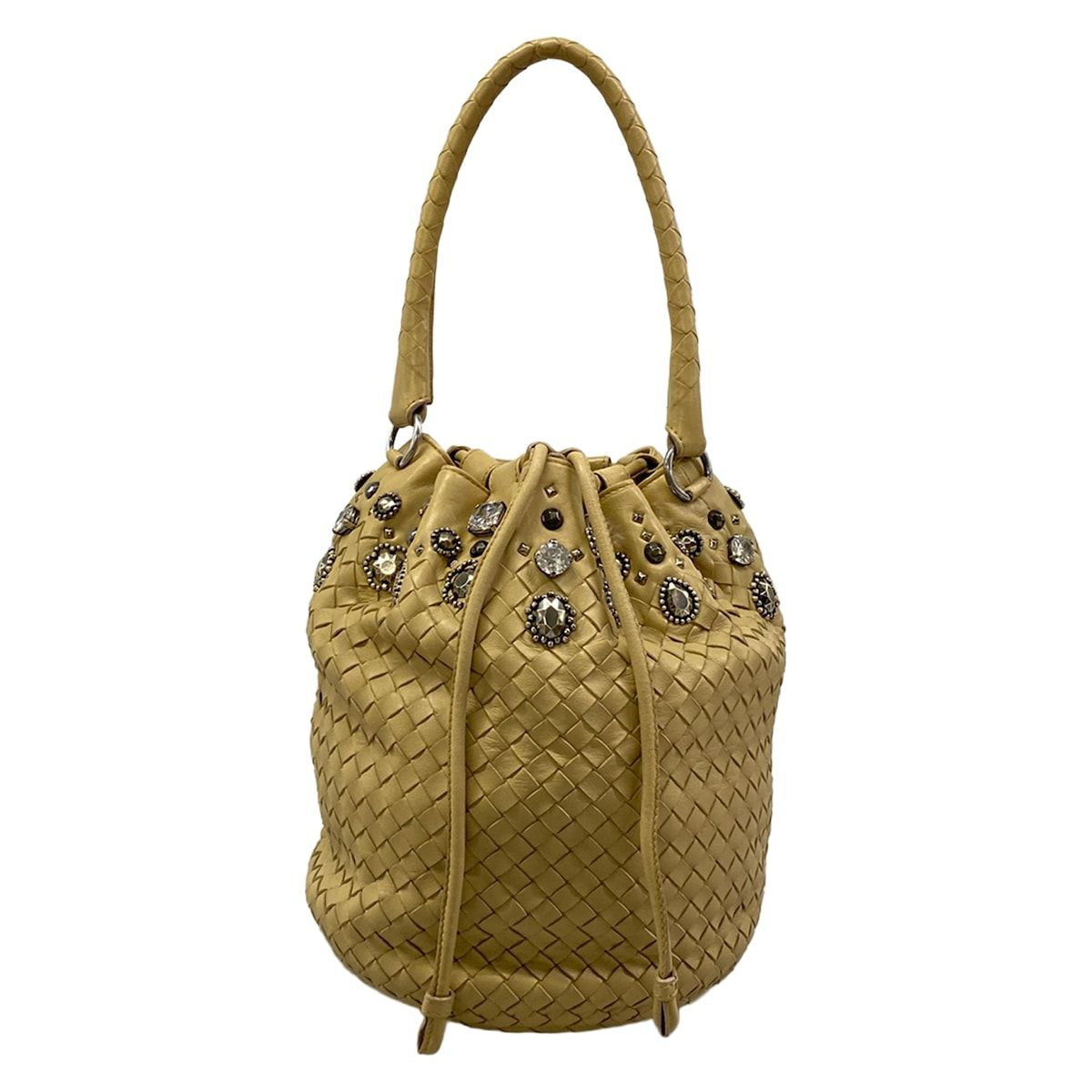 Bottega Veneta Handbag Intrecciato Beige Studs Bijou Drawstring Leather