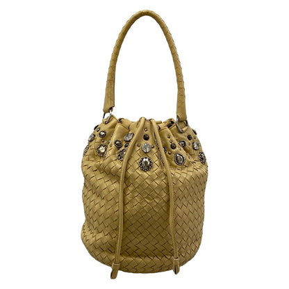 Bottega Veneta Handbag Intrecciato Beige Studs Bijou Drawstring Leather