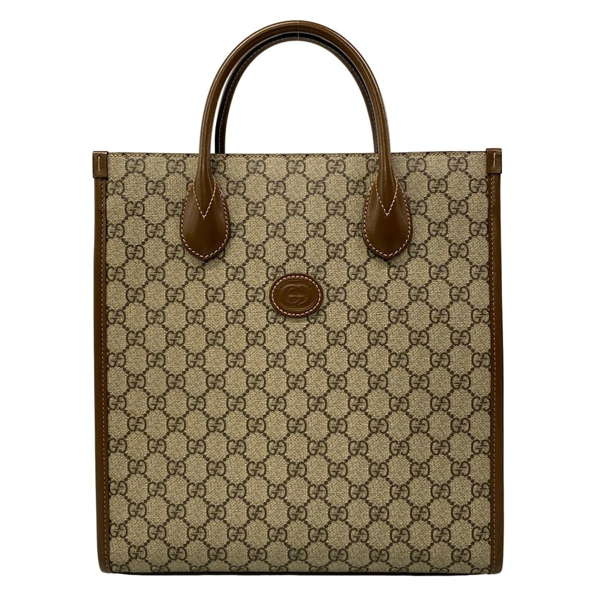 Gucci Tote Bag Interlocking Ggg Plus GG Supreme Beige Dark Brown Leather
