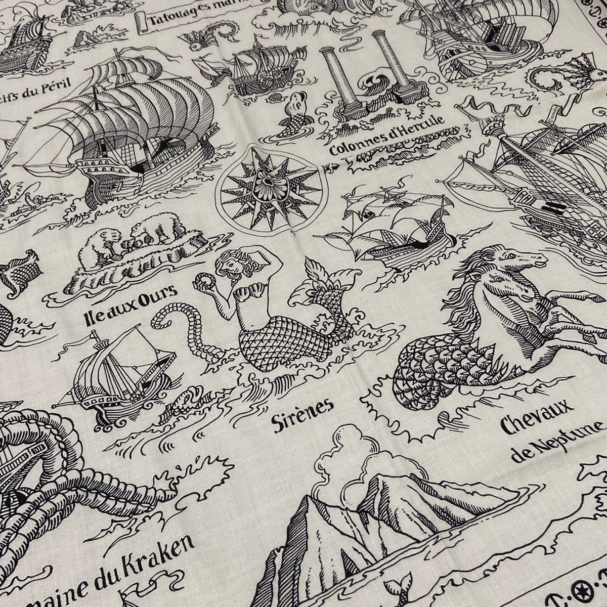 Hermes Shawl Carre Geant 140 White Black Tattoos Marins Bandana Cashmere Silk — view 4