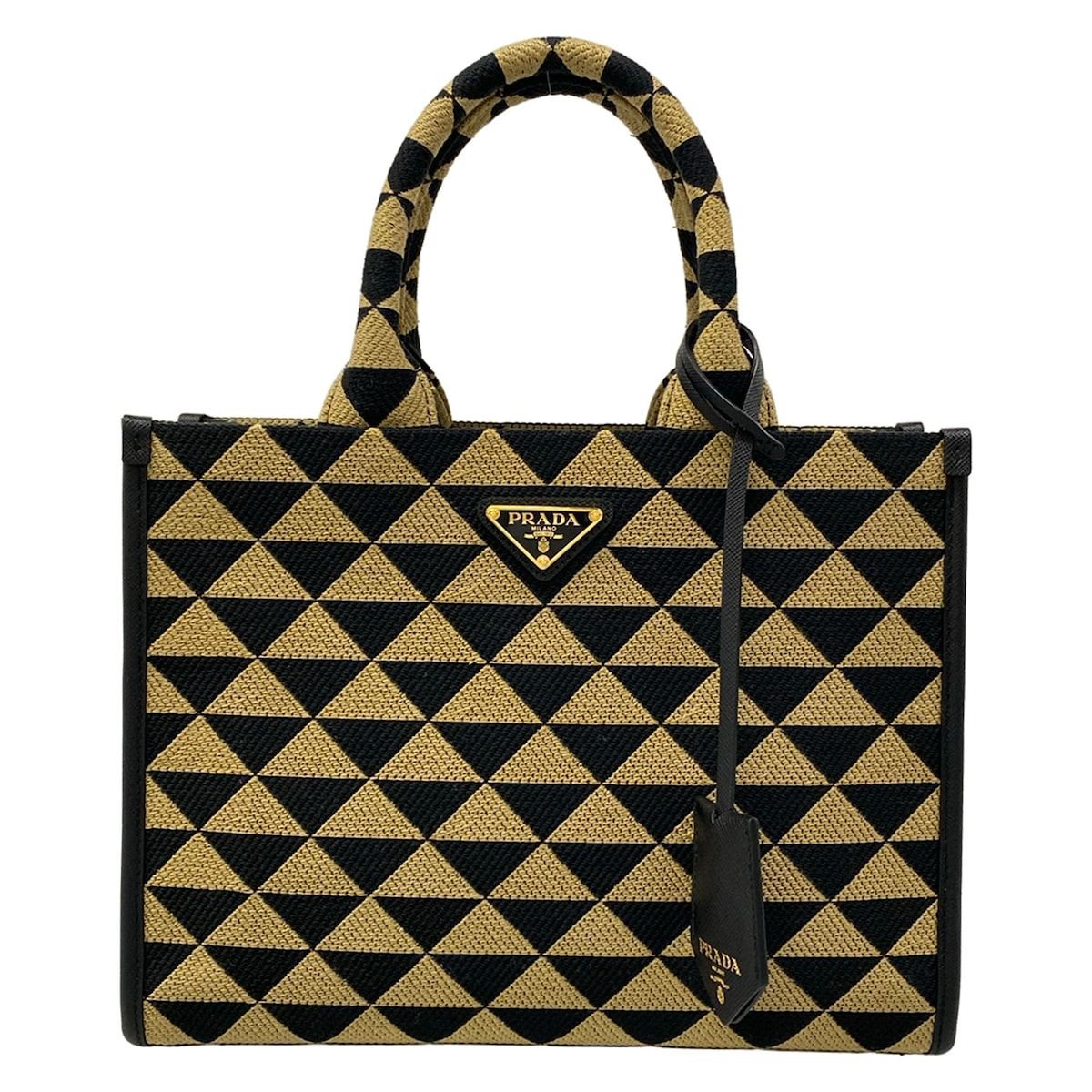 Prada Tote Bag Symbol Embroidery Fabric Small Beige Black
