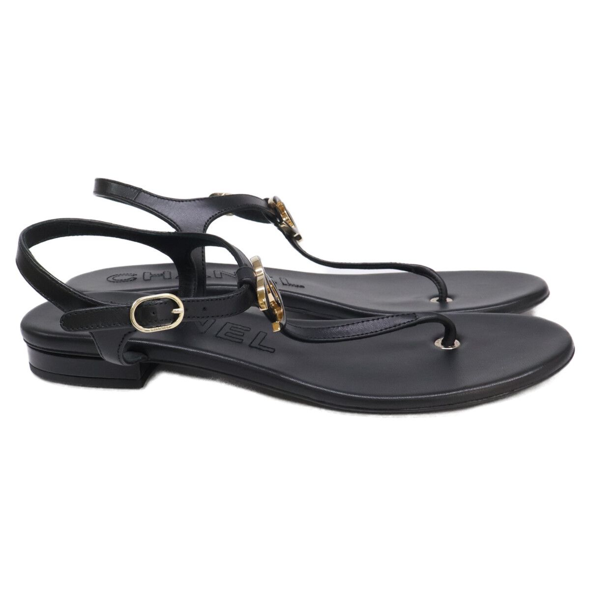 Chanel CC Logo Leather Ankle Strap Thong Sandals — view 5