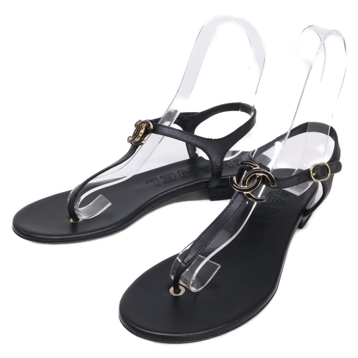 Chanel CC Logo Leather Ankle Strap Thong Sandals