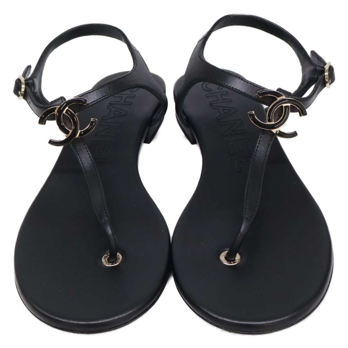 Chanel CC Logo Leather Ankle Strap Thong Sandals — view 2