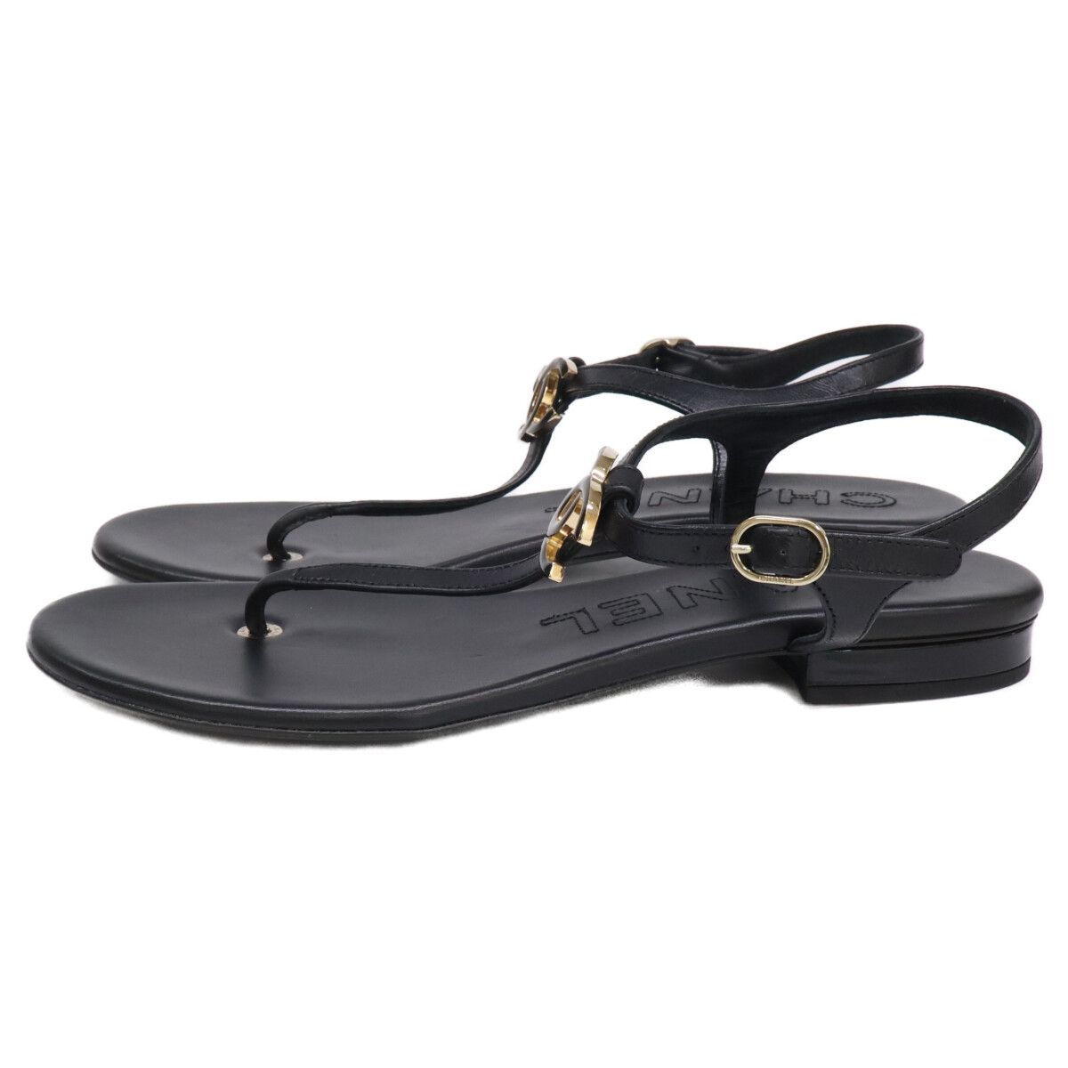 Chanel CC Logo Leather Ankle Strap Thong Sandals — view 3
