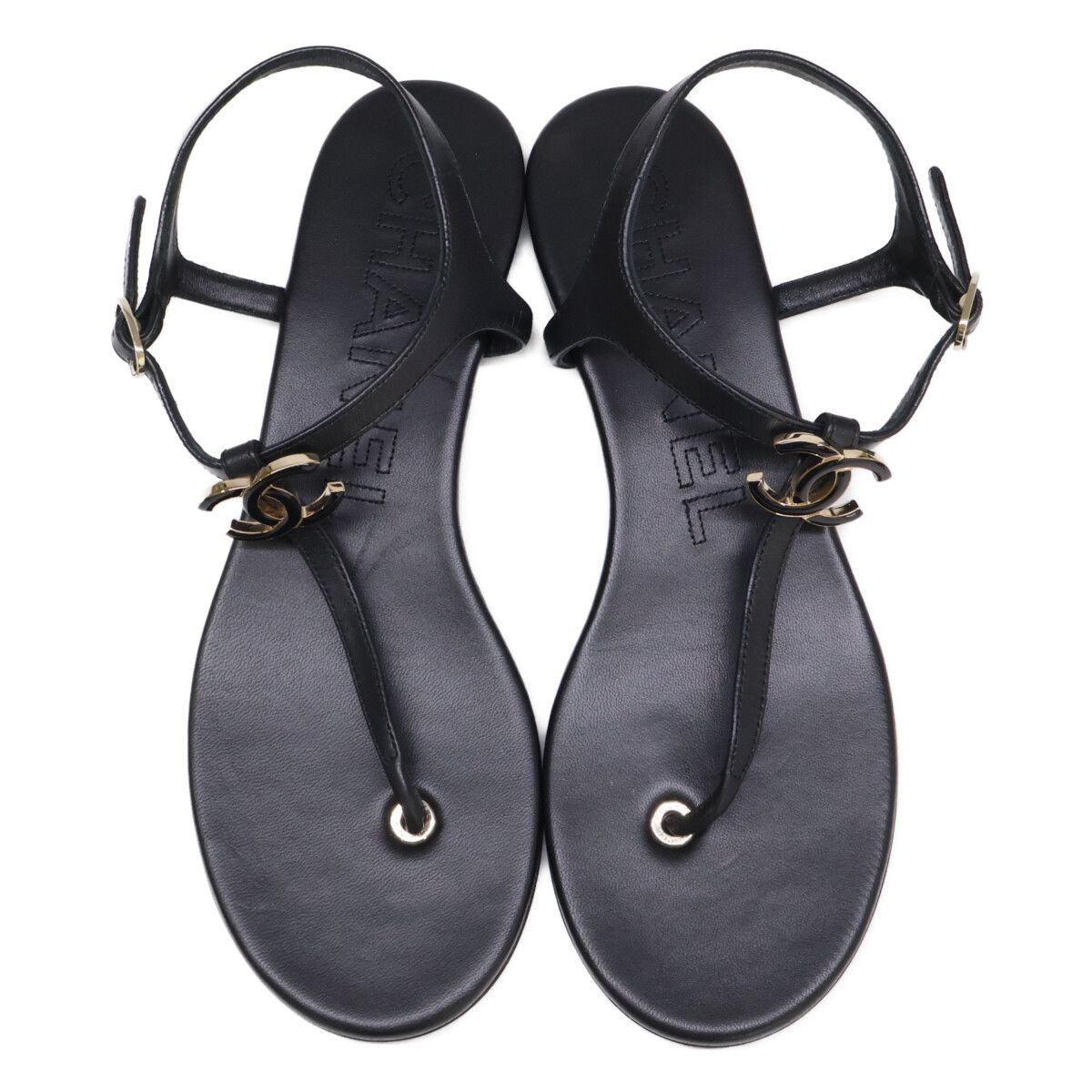 Chanel CC Logo Leather Ankle Strap Thong Sandals — view 6