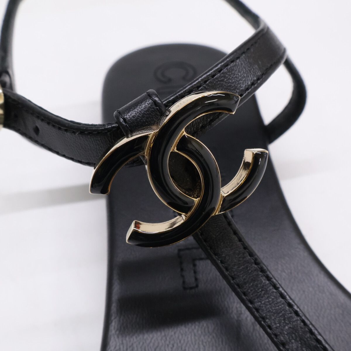 Chanel CC Logo Leather Ankle Strap Thong Sandals — view 8