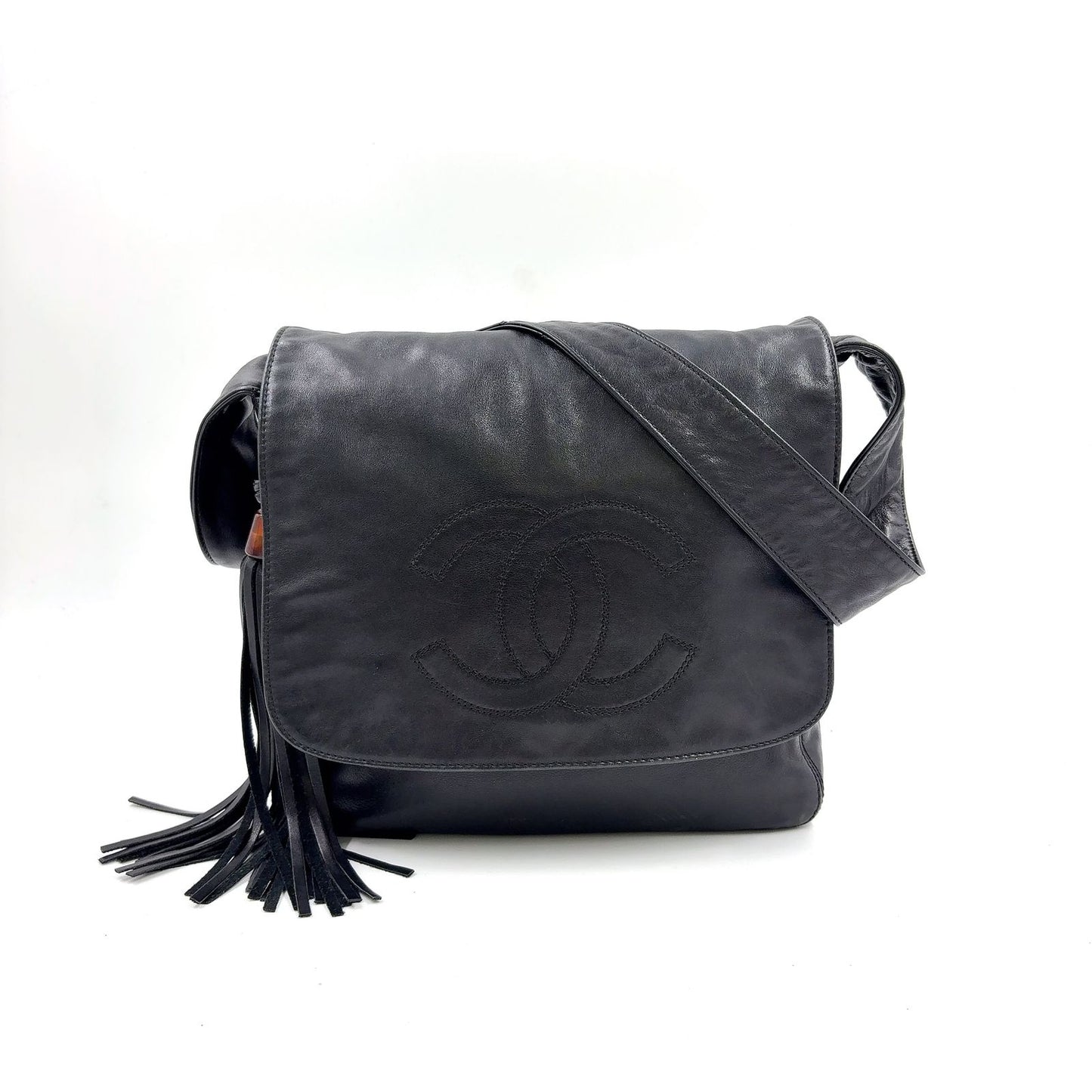 Chanel CC Logo Fringe Tassel Leather Black Shoulder Bag Gold