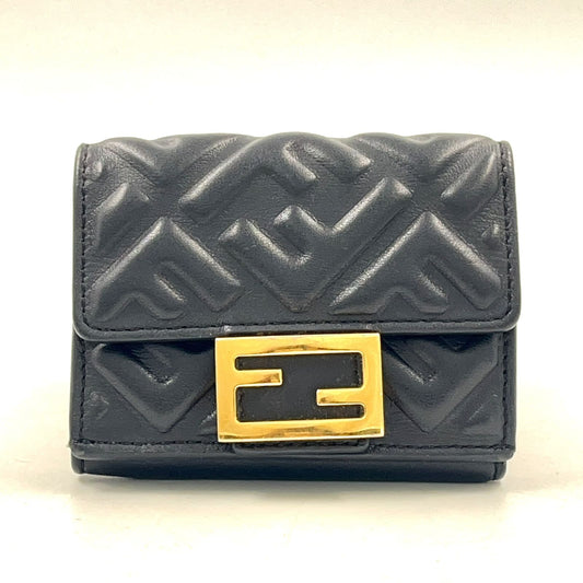 Fendi Baguette Micro FF Embossed Nappa Leather Black Trifold Wallet Gold