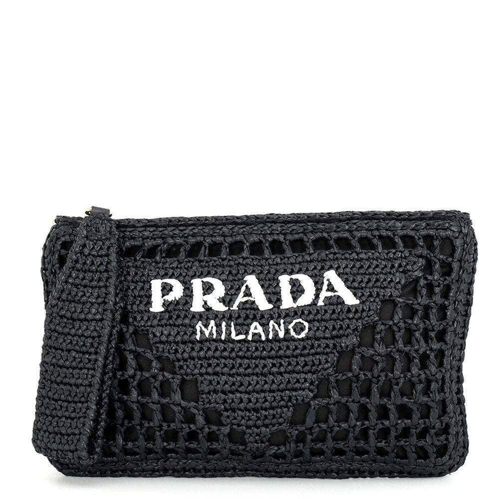 Prada Clutch Logo Raffia Black
