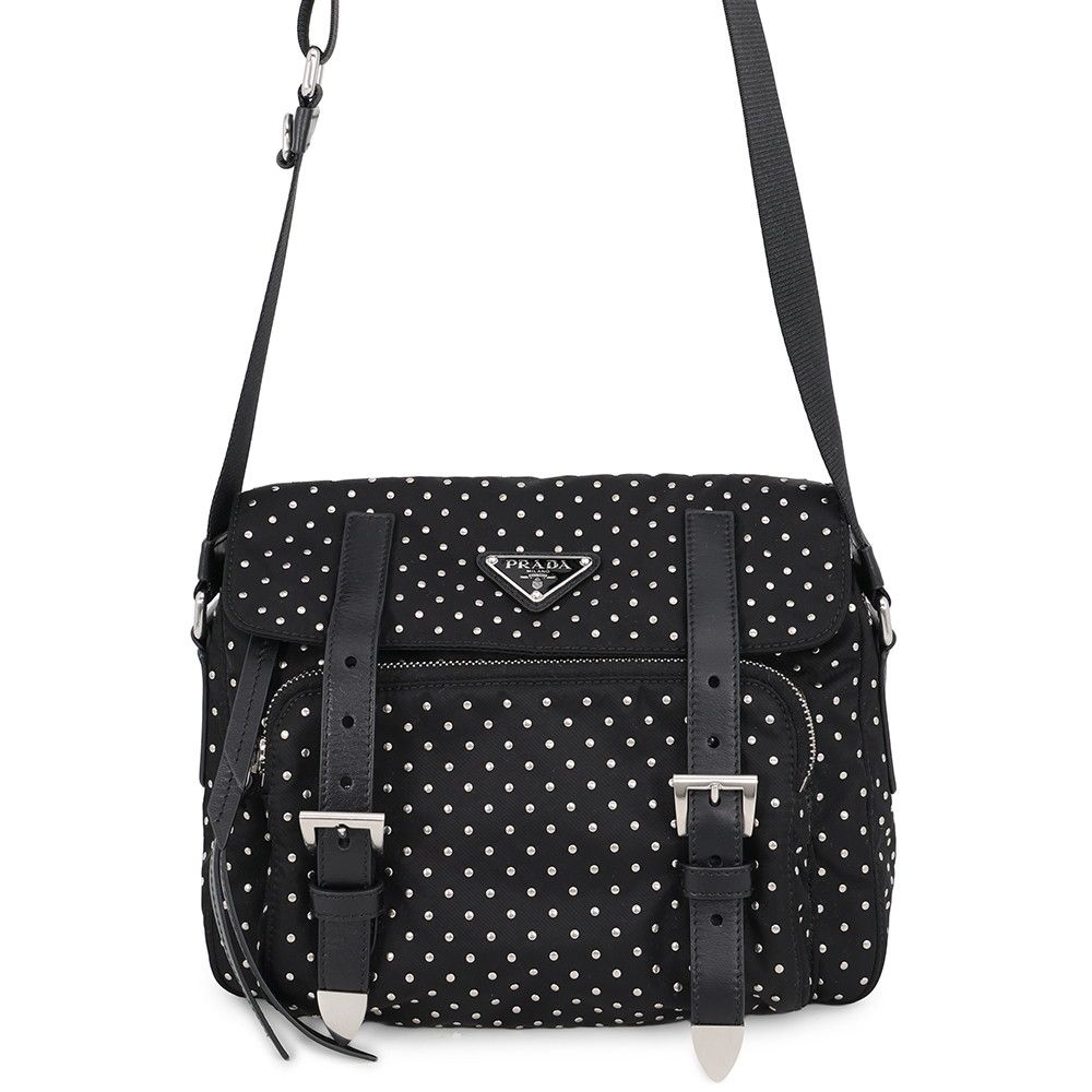 Prada Shoulder Bag Triangle Logo Studs Nylon Black