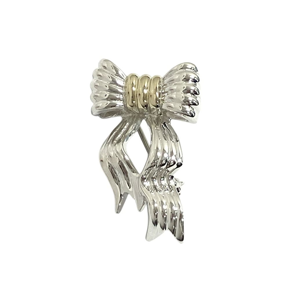 Tiffany & Co 18K Yellow Gold Ribbon Brooch Pins Silver