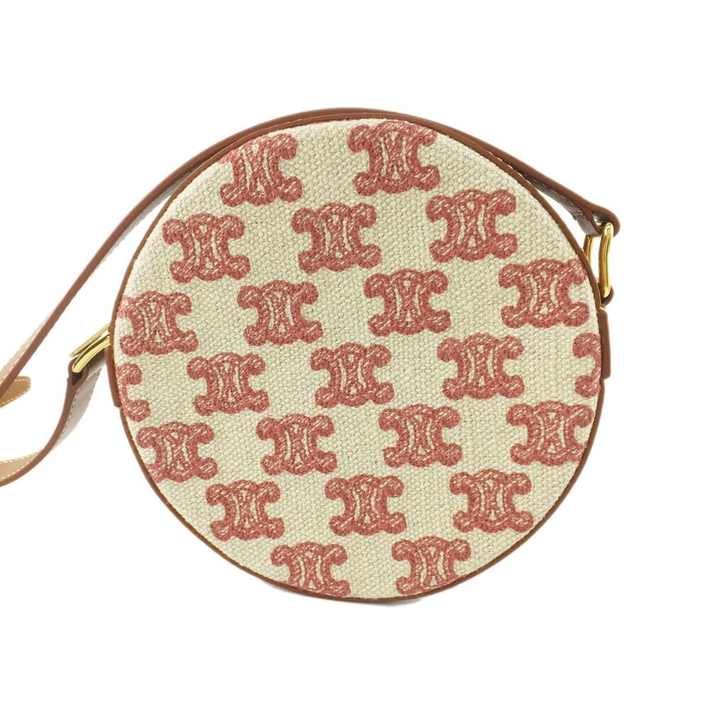 Celine Triomphe Round Shoulder Bag Beige Red Brown Canvas Leather Bags — view 2