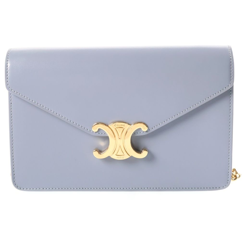 Celine Chain Wallet Margo Triomphe Shiny Calfskin Gold Gray Blue Shoulder Bag