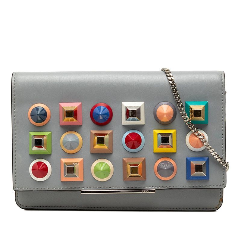 Fendi Studded Crossbody Chain Shoulder Bag Gray Multicolor Leather