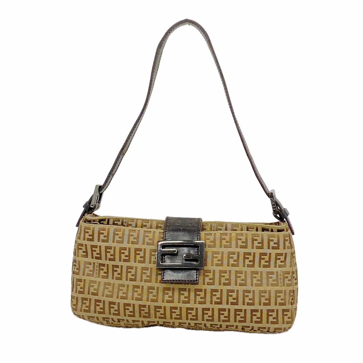 Fendi Shoulder Bag Zucchino Nylon Canvas Brown Silver